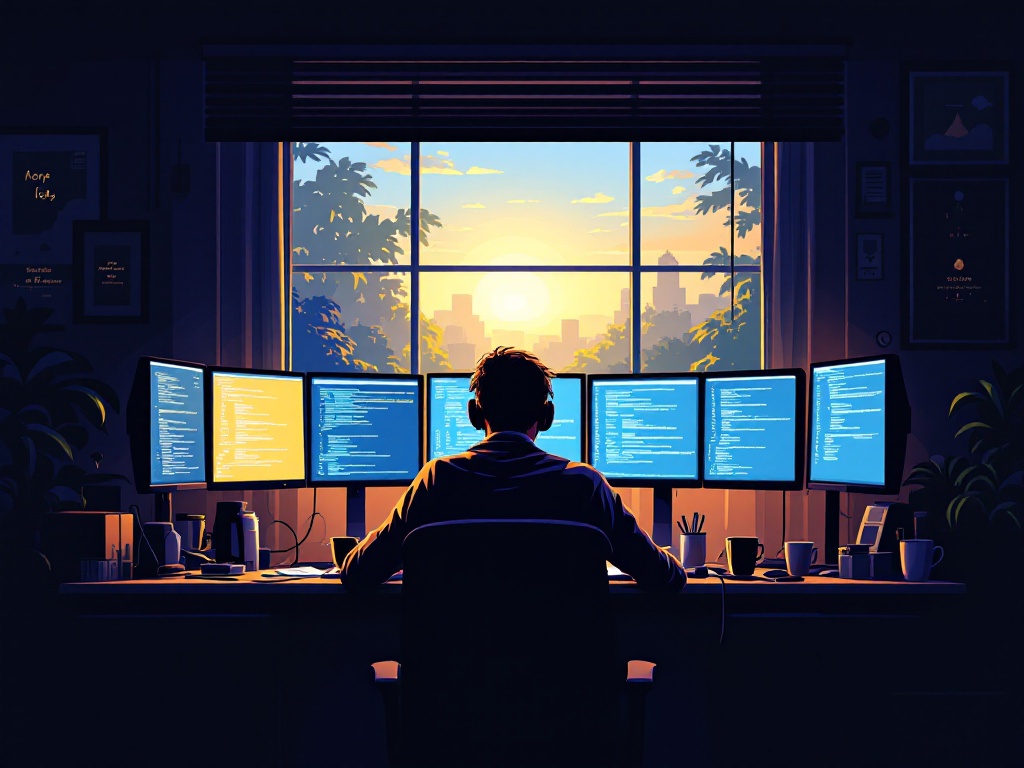 A tired IT professional sitting at a cluttered desk