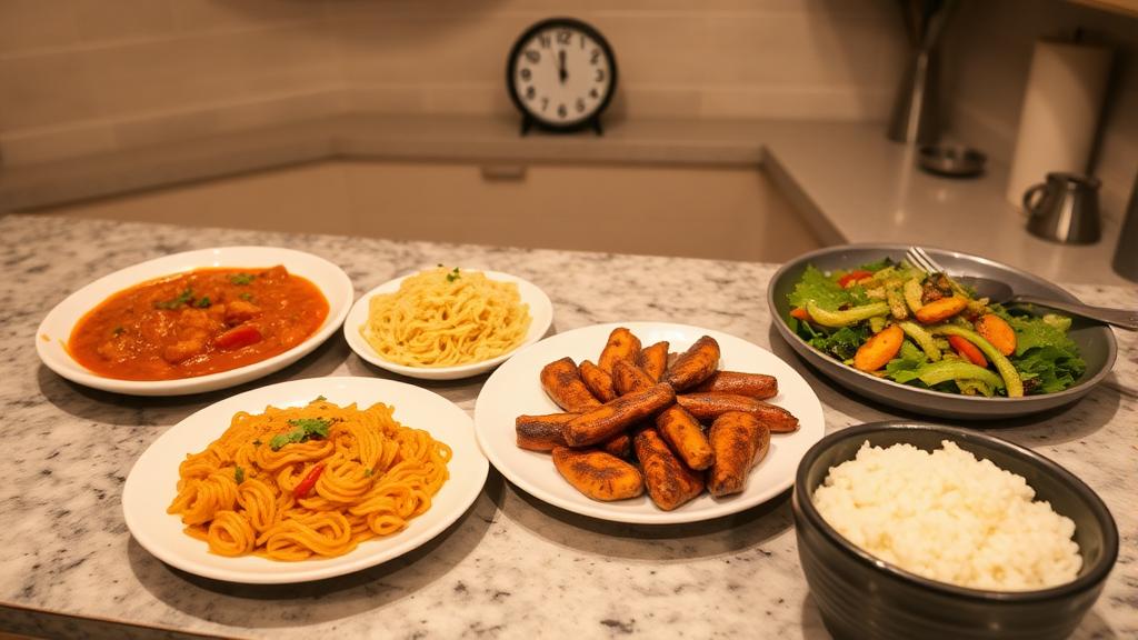 A cozy kitchen counter with 5 different dinner plates – Indian curry, pasta, stir-fry, grilled chicken with salad, and a rice bowl – all hot and freshly served, with a clock showing 30 minutes.