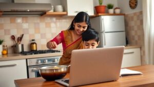 An Indian working mother cooking in the kitchen while helping her child with homework, laptop open on the table — showing multitasking in a middle-class In