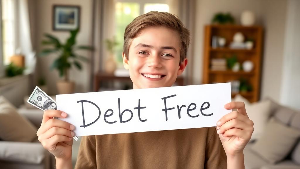 A young adult holding up a ‘Debt Free’ sign with a big smile