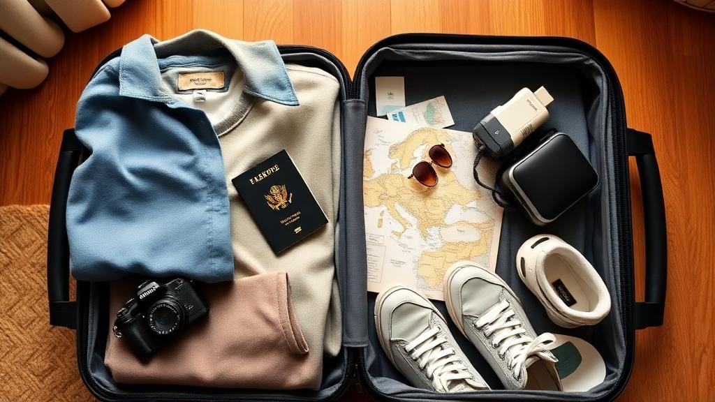 Flat lay of a neatly arranged suitcase with travel essentials for Europe: casual clothes, passport, camera, travel adapter, sunglasses, sneakers, and a map, with warm lighting in a cozy room