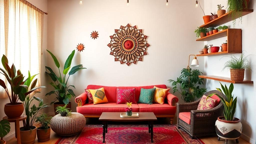A cozy Indian living room with handmade wall art, indoor plants, colorful cushions, and recycled wooden shelves, lit with warm lights—perfect blend of tradition and modern decor.