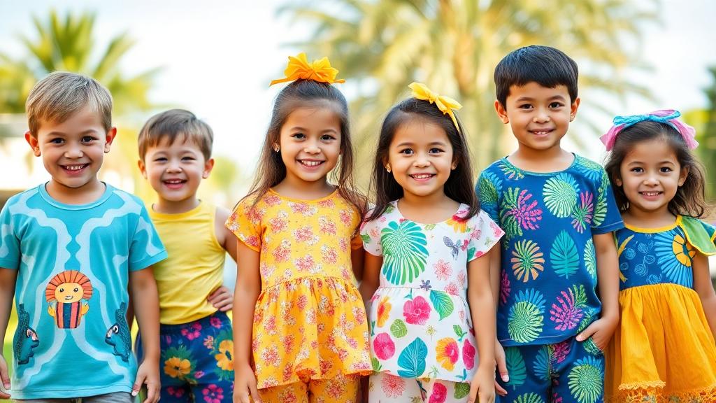 A group of children outdoors wearing vibrant, colorful printed summer outfits, looking happy and playful