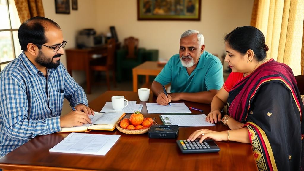 A small-town Indian family discussing monthly expenses at the dining table with a notebook and calculator, natural lighting, homely vibe
