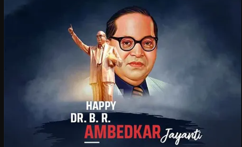 A vibrant digital painting of Dr. B.R. Ambedkar holding the Indian Constitution, with diverse people celebrating around him, set against Mhow’s serene backdrop