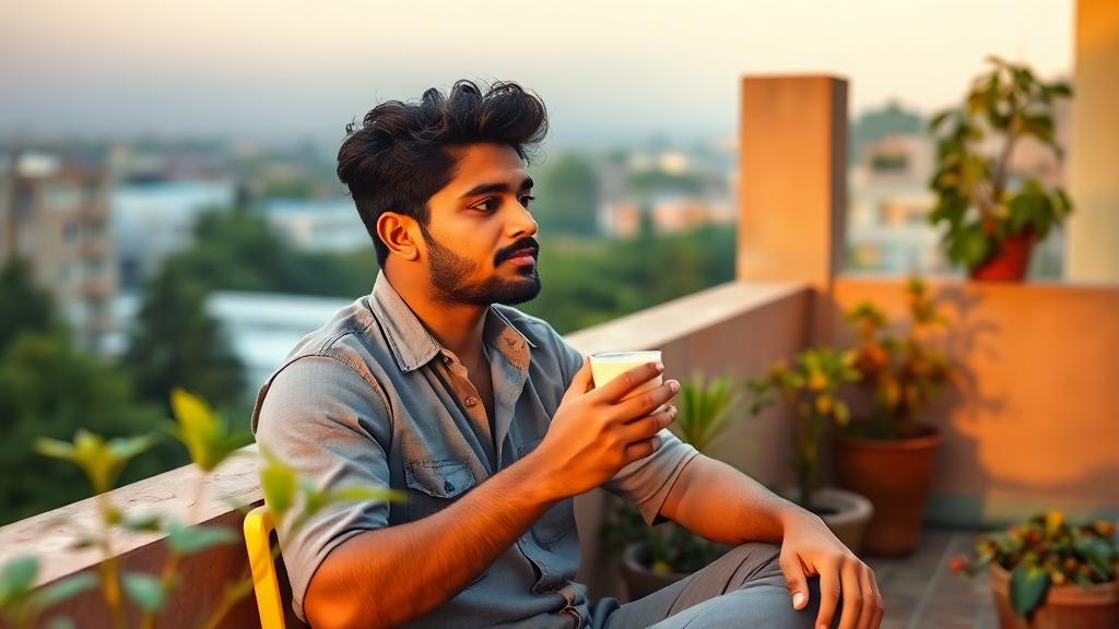 An Indian woman sitting peacefully on a terrace with plants, sipping chai in the evening sunlight, looking relaxed.