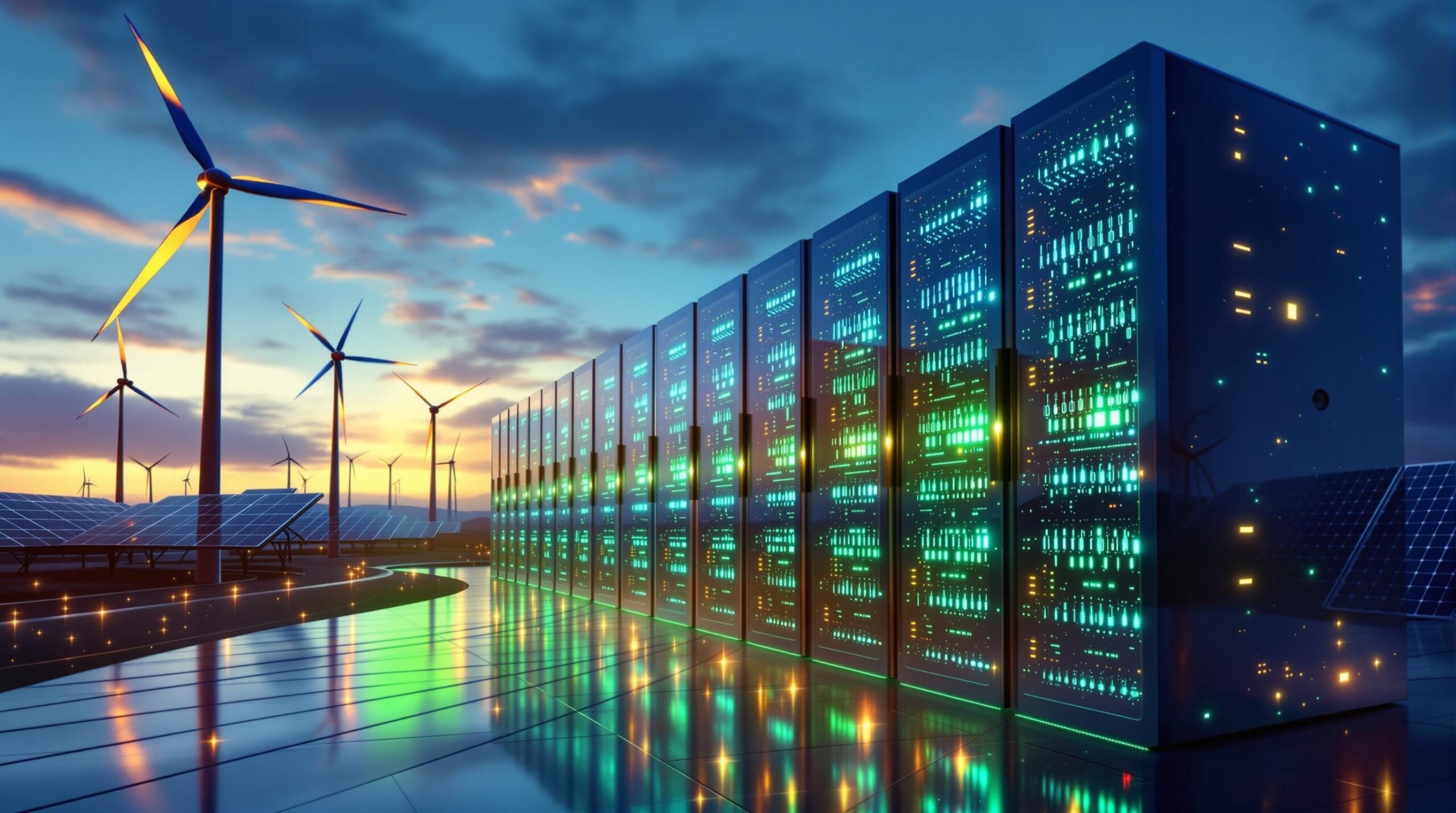 Futuristic AI server farm illuminated with blue and green lights, surrounded by windmills and solar panels in the background.