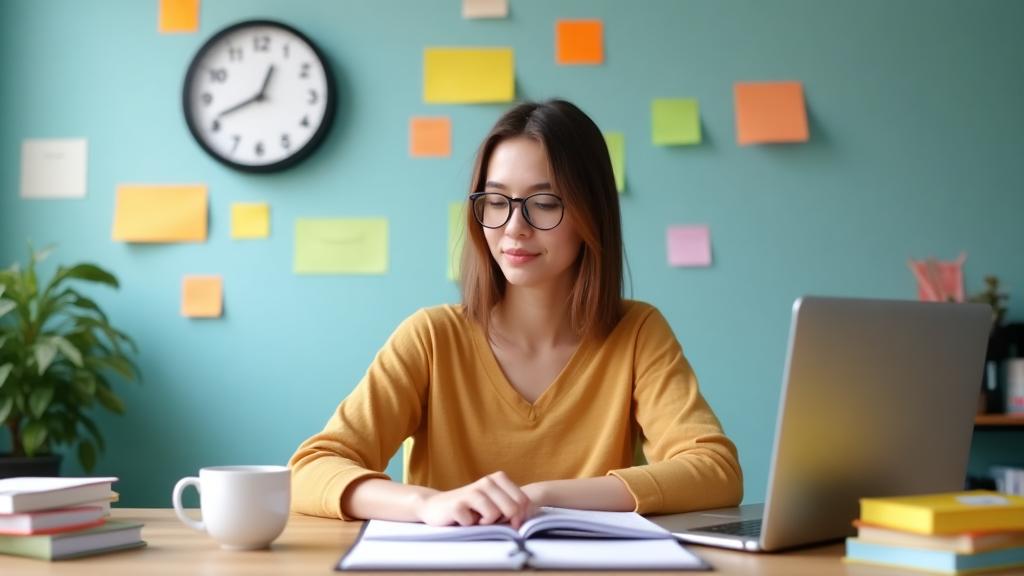 A focused student sitting at a desk with a laptop, a planner, a cup of coffee, and sticky notes