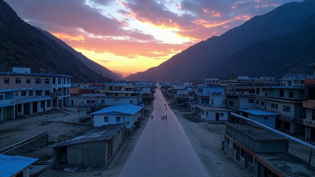 A vibrant sunset scene over an Indian border village with new roads and SMART classrooms, flanked by rugged mountains and a faint Chinese border post, symbolizing hope and tension.