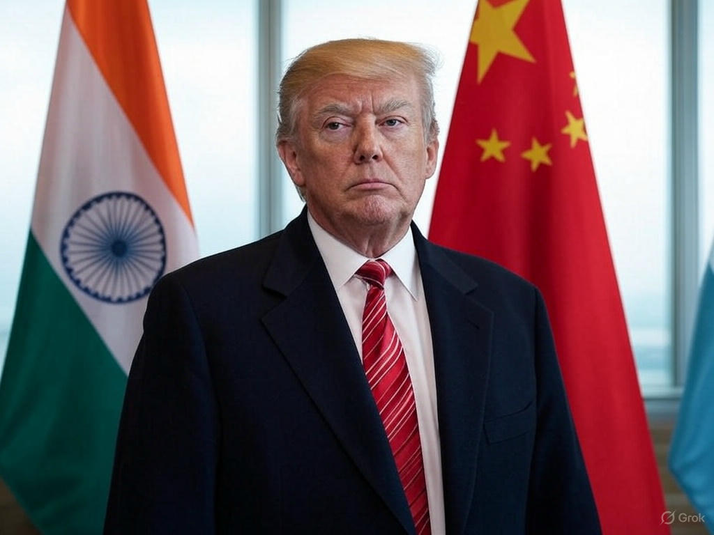 Donald Trump standing between the flags of India and China, wearing a dark suit and red tie, with a serious expression, symbolizing trade policy discussions.