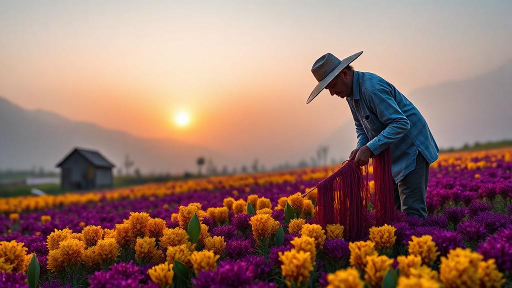 A farmer gently harvesting saffron flowers in the fields of Kashmir during sunrise, with misty mountains in the background and saffron threads being dried in the sun.