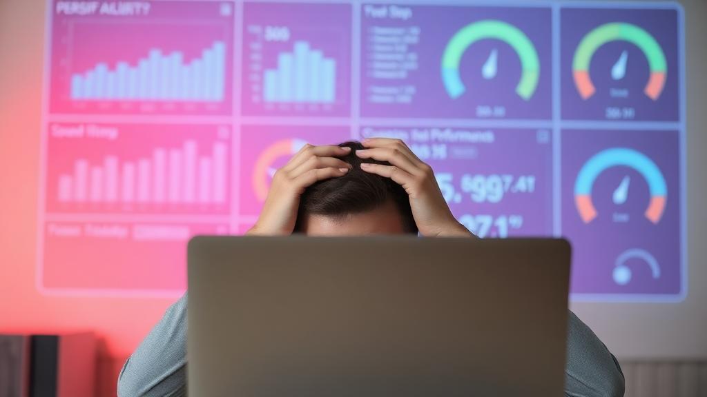 Frustrated person staring at a slow laptop with speed and performance graphs in the background.