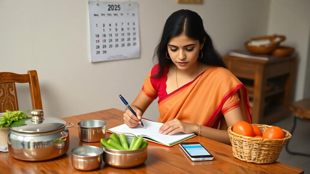 A realistic scene showing an Indian middle-class young woman sitting at a small wooden dining table, carefully noting down daily expenses in a notebook with a pen, surrounded by simple household items like a steel tiffin, vegetables in a basket, and a smartphone with budgeting app open. She looks thoughtful but hopeful. The setting is a modest Indian home in natural lighting, showing everyday life and a focus on frugality. Background includes a wall calendar showing 2025.