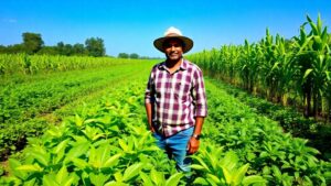 An Indian farmer standing proudly in a lush green organic farm at sunrise, with healthy crops, clear blue sky, and eco-friendly vibe.