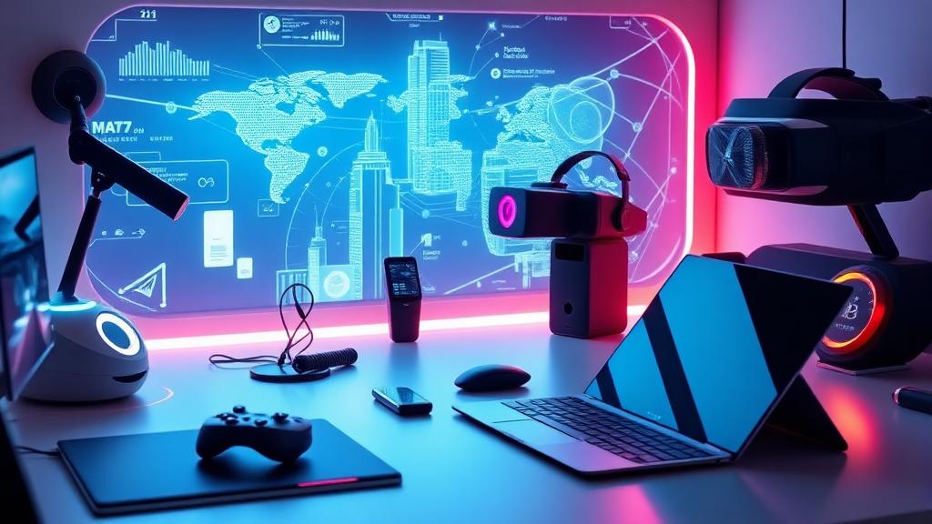 A futuristic workspace featuring cutting-edge tech gadgets