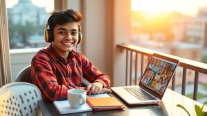A cheerful young Indian learner with headphones, sitting at a modest balcony desk littered with chai cup, smartphone, and notebook, laptop screen showing diverse online course icons, early‑morning golden light, vibrant colors, realistic illustration.