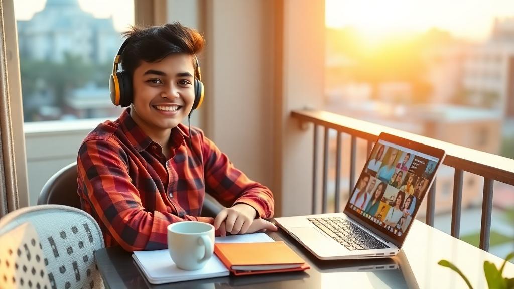 A cheerful young Indian learner with headphones, sitting at a modest balcony desk littered with chai cup, smartphone, and notebook, laptop screen showing diverse online course icons, early‑morning golden light, vibrant colors, realistic illustration.