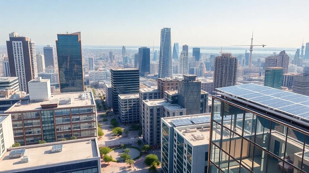 Futuristic solar-powered city with smart grids, transparent solar glass windows, and flexible solar panels on modern buildings during a clear day.