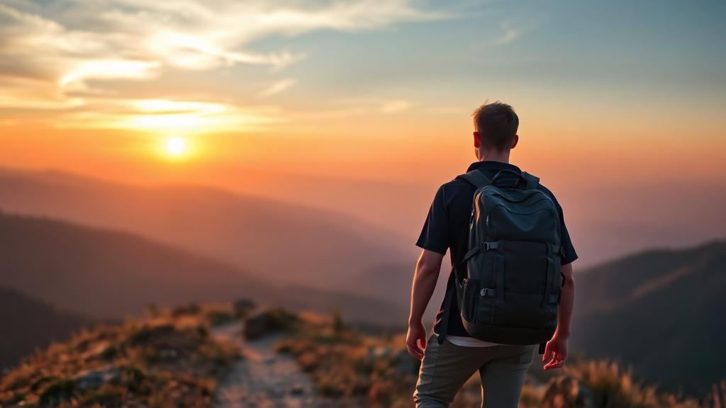 A young solo traveller with a backpack, walking alone on a mountain trail during sunset with a scenic background – peaceful, adventurous vibe