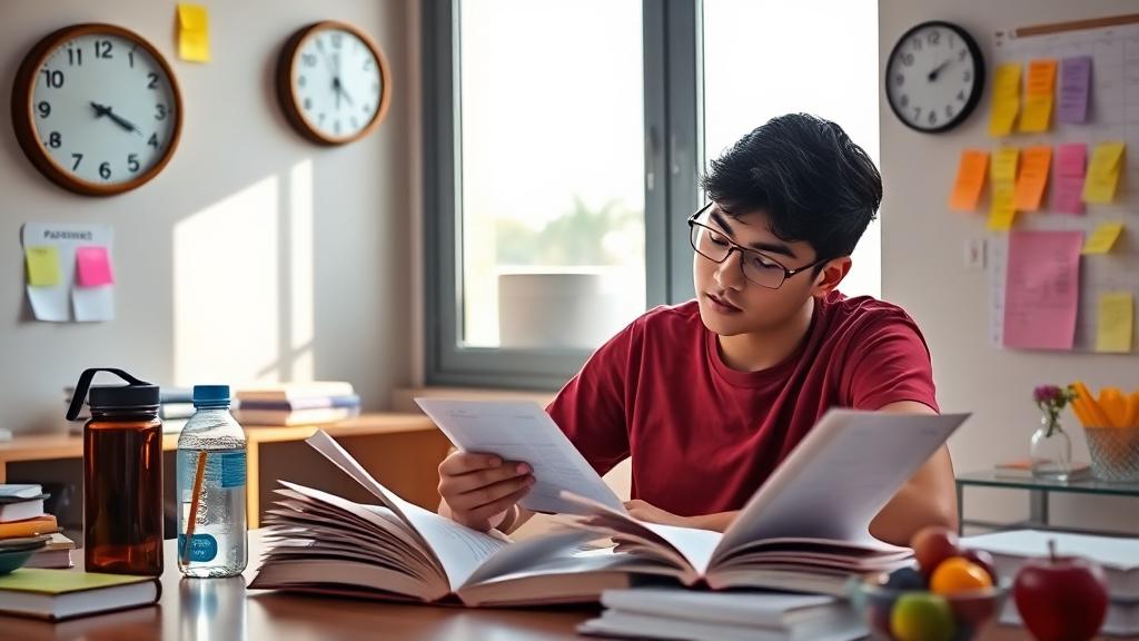 Indian student using study techniques like flashcards and mind maps during a focused Pomodoro session at home.