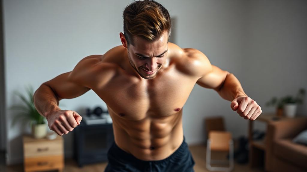 A fit person doing an intense home workout, with sweat dripping, in a minimalistic home setting, showing dedication and energy.