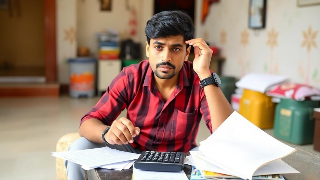 A middle-class Indian man in his 30s sitting with a calculator and confused expression, papers scattered, in a small town home setup – daylight, casual clothes.