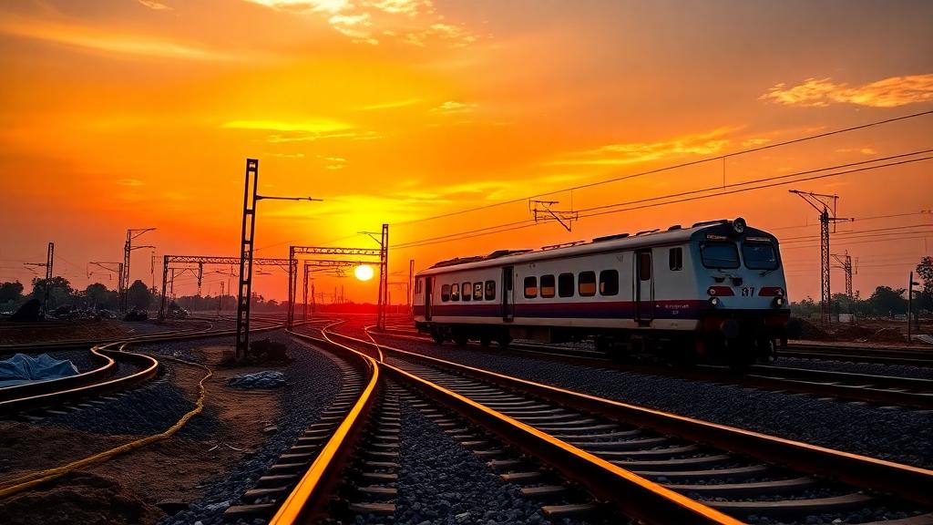 A vibrant sunrise over a new railway construction site in Chhattisgarh, with workers laying tracks, a modern train in the background, and a hopeful village skyline, symbolizing progress and challenge.