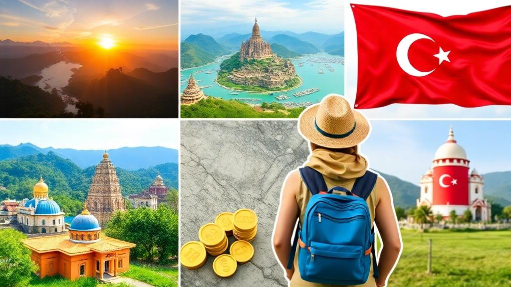 Collage featuring budget-friendly travel destinations including Vietnam, Sri Lanka, and Turkey, with scenic landscapes, local currency symbols, and a backpacker-style traveler.