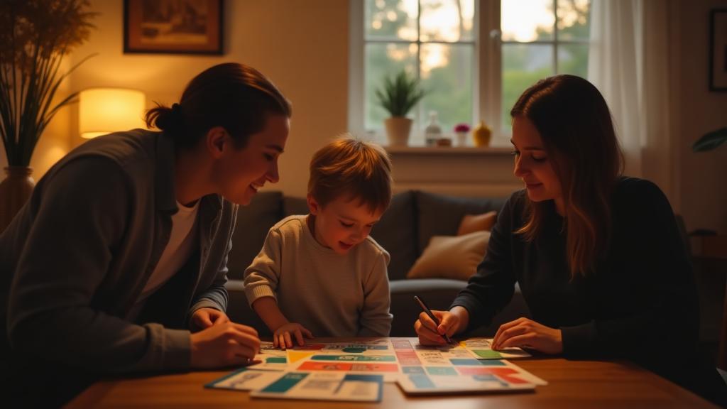 A cozy family living room with a child playing board games with parents