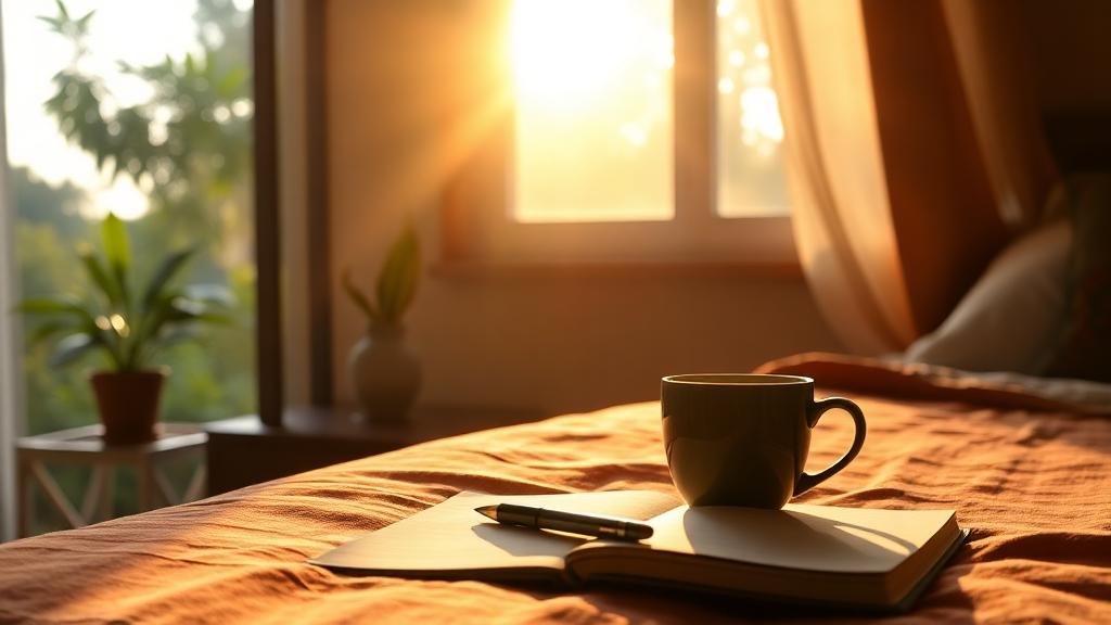 A cup of tea on a bedside table, open journal with pen, and peaceful atmosphere