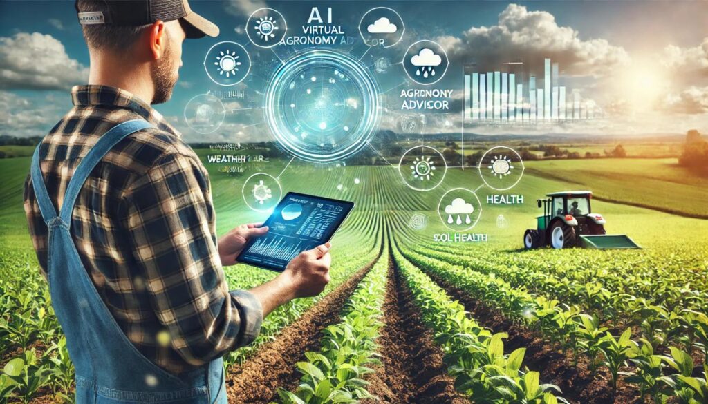 Indian farmer using smartphone in a field with drone and AI-based farming tools.