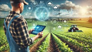 Indian farmer using smartphone in a field with drone and AI-based farming tools.
