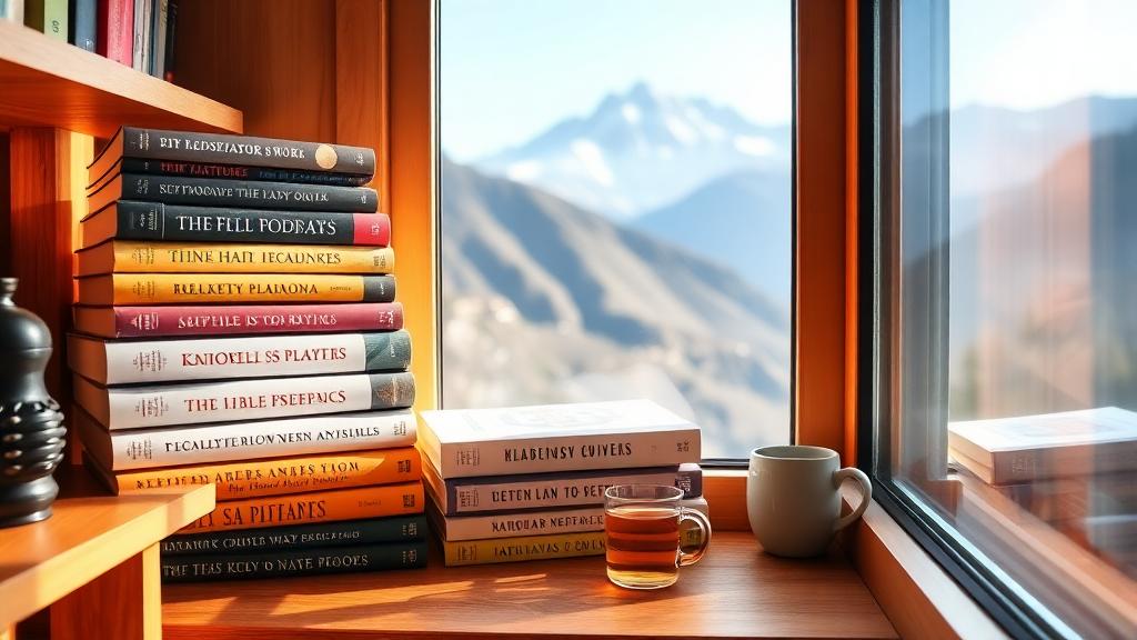 Stack of life-changing books with tea in a cozy reading corner, perfect for 2025 readers seeking inspiration.