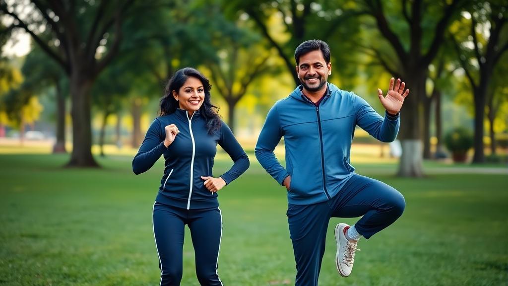Cheerful middle-aged Indian couple doing morning walk exercises in a city park.