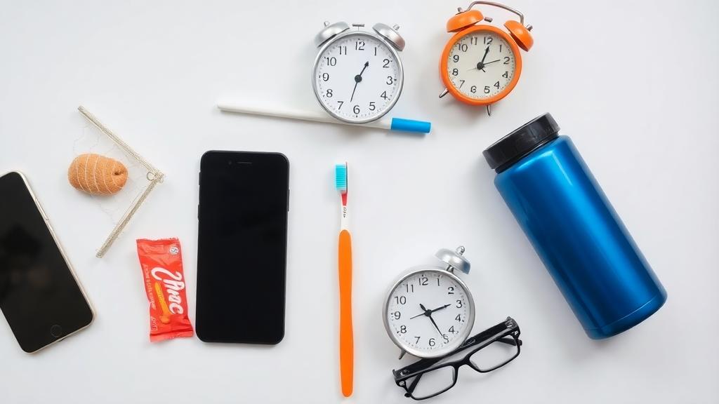 Health & wellness A relatable flat-lay photo showing common daily items like mobile phone, snacks, water bottle, toothbrush, alarm clock, and eyeglasses.