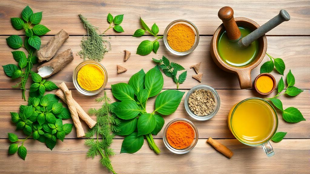 Flat-lay of Ayurvedic herbs including tulsi, ashwagandha, neem, turmeric, and giloy with herbal powders and tea on a wooden background.