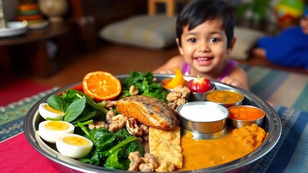 Colorful Indian thali with brain-boosting foods like eggs, spinach, fish curry, walnuts, curd, fruits, and dal, served in a steel plate with a smiling child in the background.