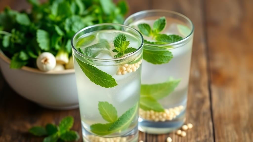 A glass of mint fennel water with floating mint leaves and soaked fennel seeds, placed on a wooden table beside a bowl of fennel seeds and a bunch of fresh mint leaves.