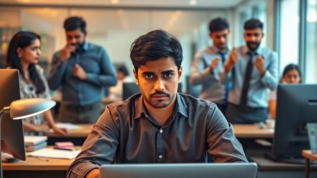 Stressed Indian employee at work facing toxic behaviour in a modern office environment.
