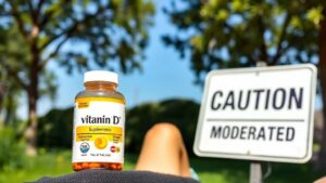 Person sitting in sunlight with a bottle of Vitamin D supplements and a caution sign, showing the importance of safe usage.