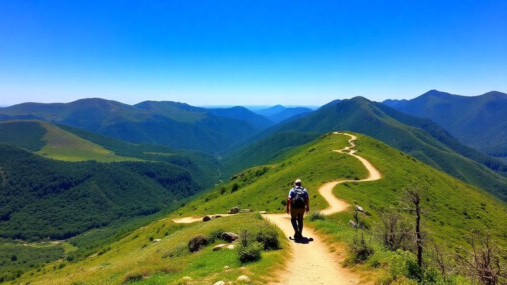 A lone hiker walking along a peaceful trail surrounded by lush green mountains under a clear blue sky.