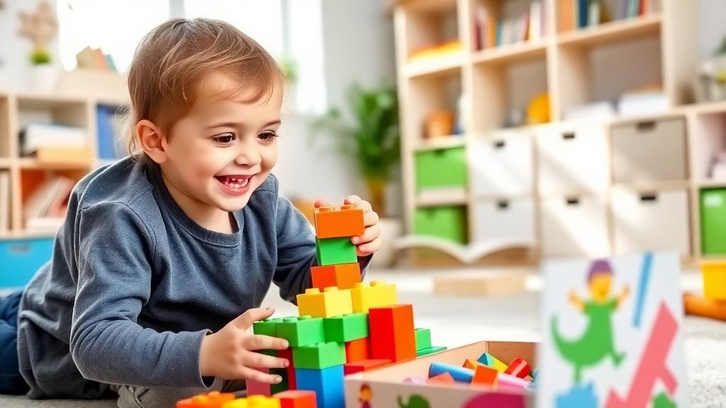 A happy toddler engaged in a playful educational activity at home—using building blocks, reading with a parent, or exploring a colorful discovery box. The setting is bright, clean, and nurturing, with books, toys, and a learning-friendly atmosphere.