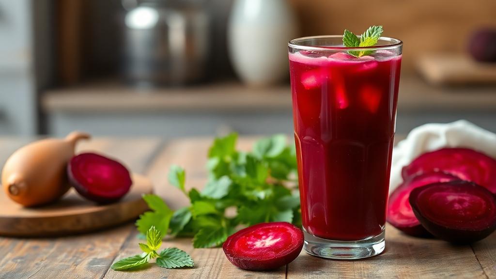 Fresh beetroot juice with sliced beetroot and mint leaves on a rustic Indian kitchen table