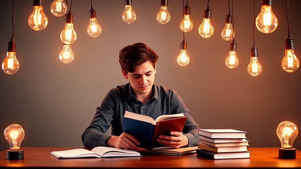 Student at desk with books and floating light bulbs representing learning and new idea