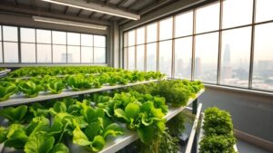 A modern indoor vertical farm in an Indian city warehouse: vibrant green lettuce and herbs growing on multi-level racks under bright LED lights, with an Indian city skyline visible through the windows.
