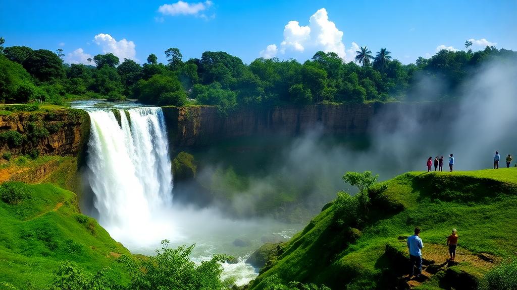 Scenic summer waterfall in India surrounded by lush greenery